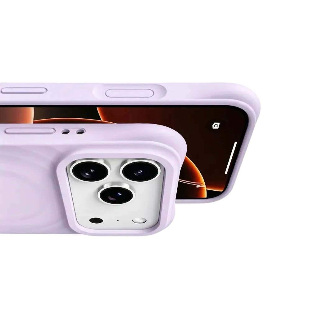 Detail shot of a CasePoppi Lavender wave case showing precise button cutouts and the protective ripple texture.