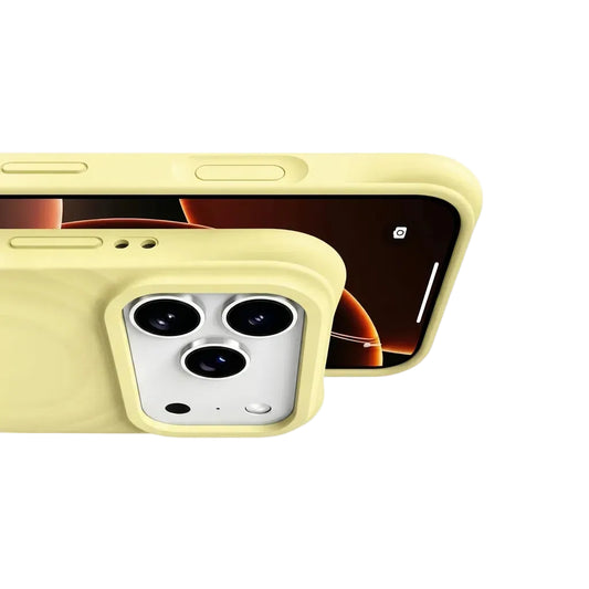 Detail shot of a CasePoppi yellow wave case showing precise button cutouts and the protective ripple texture.