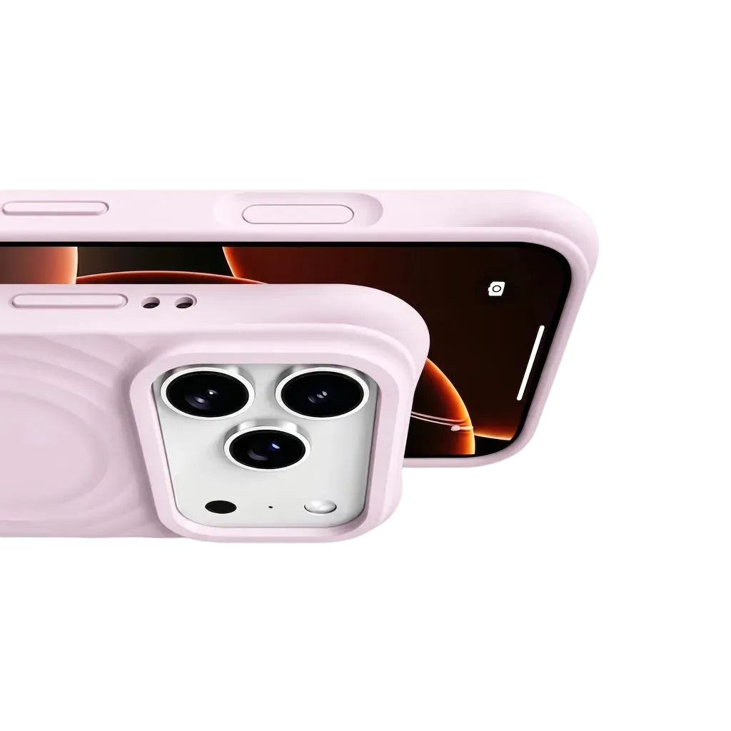 Detail shot of a CasePoppi pink wave case showing precise button cutouts and the protective ripple texture.