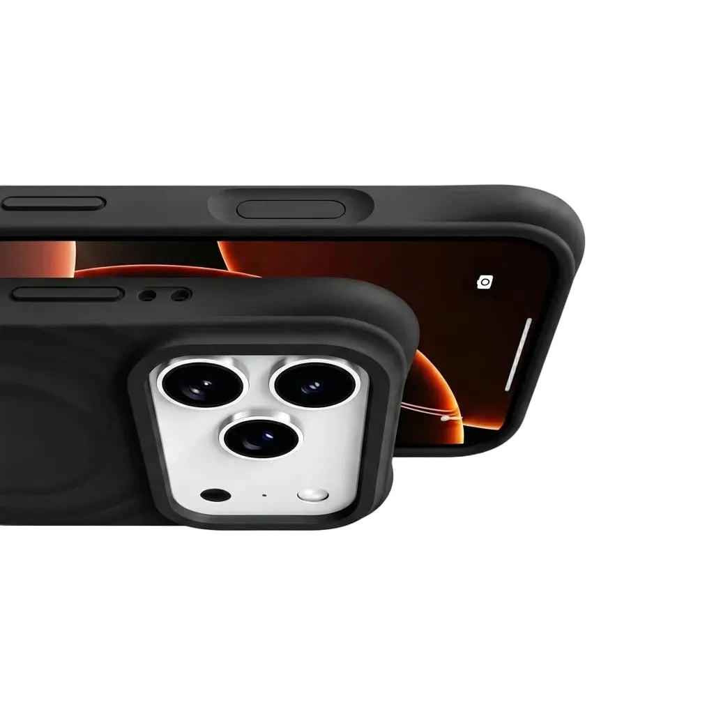 Detail shot of a CasePoppi black wave case showing precise button cutouts and the protective ripple texture.