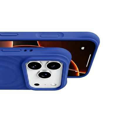 Detail shot of a CasePoppi Navy Blue wave case showing precise button cutouts and the protective ripple texture.