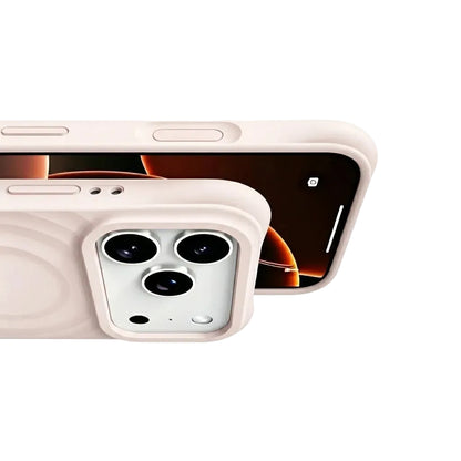 Detail shot of a CasePoppi Nude Beige wave case showing precise button cutouts and the protective ripple texture.