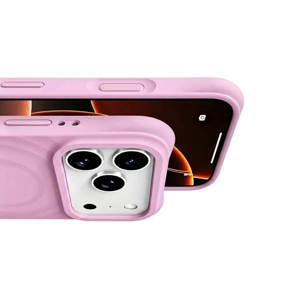 Detail shot of a CasePoppi Petal Rose wave case showing precise button cutouts and the protective ripple texture.