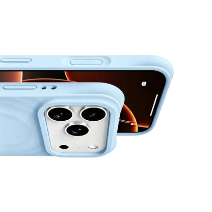 Detail shot of a CasePoppi Sky Blue wave case showing precise button cutouts and the protective ripple texture.