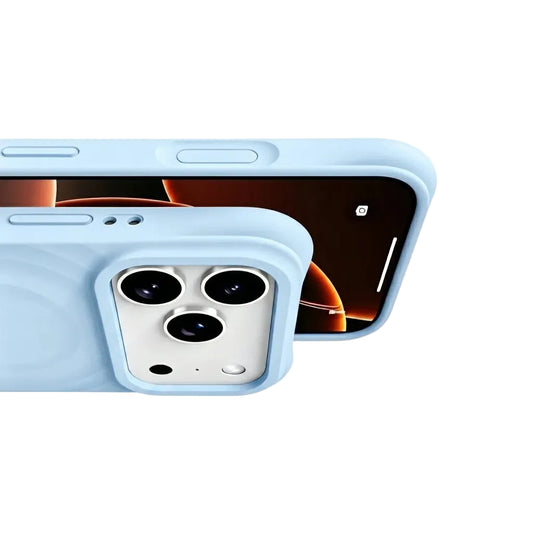 Detail shot of a CasePoppi Sky Blue wave case showing precise button cutouts and the protective ripple texture.