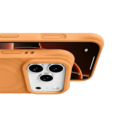 Detail shot of a CasePoppi Terracotta wave case showing precise button cutouts and the protective ripple texture.
