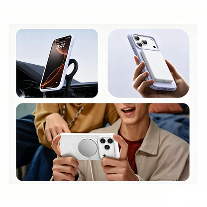 Lifestyle image demonstrating the strong magnetic attachment of CasePoppi wave cases to a car mount.