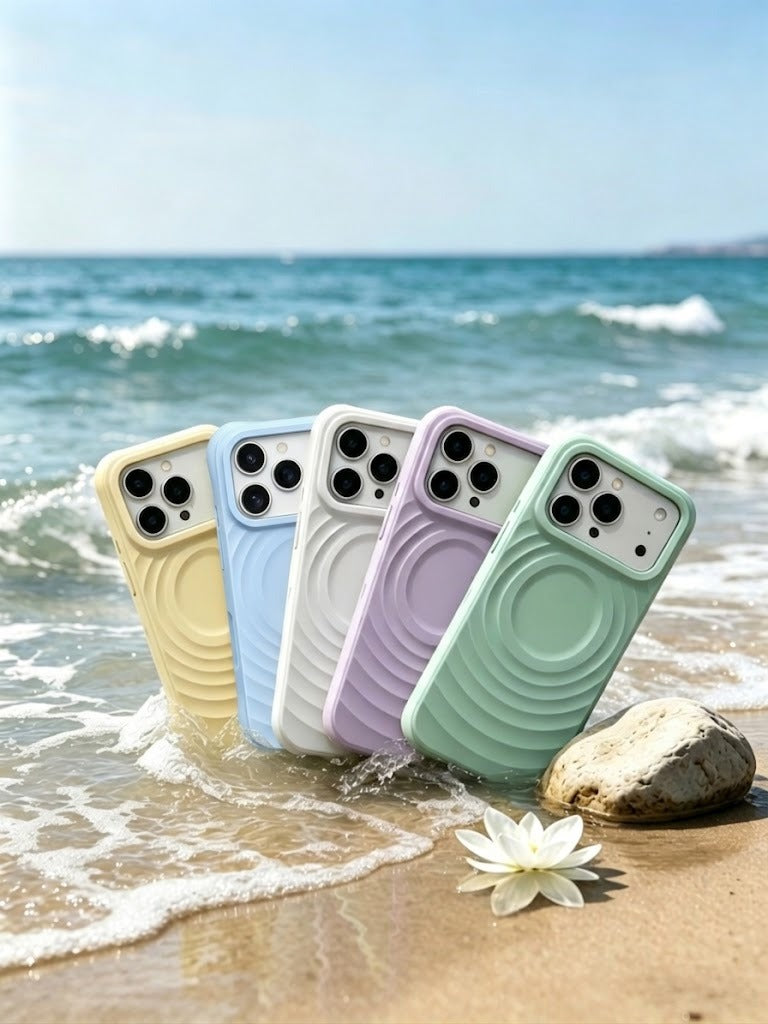 Coastal mobile hero banner for CasePoppi Wave series, showcasing multi-color MagSafe phone cases with a tactile ripple design on a sandy beach.