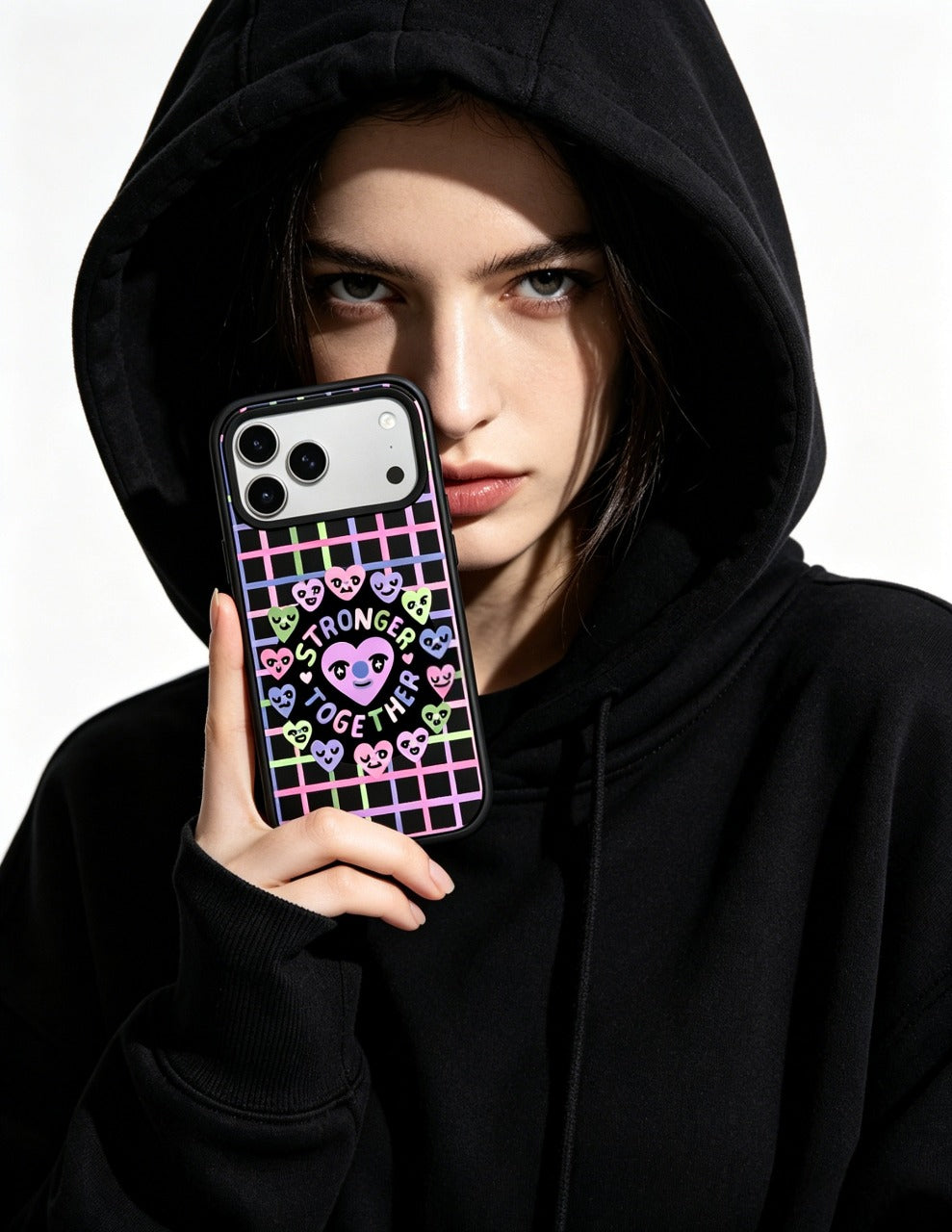 A model showcasing the CasePoppi Whimsical Wonder phone case featuring a "Stronger Together" heart design.