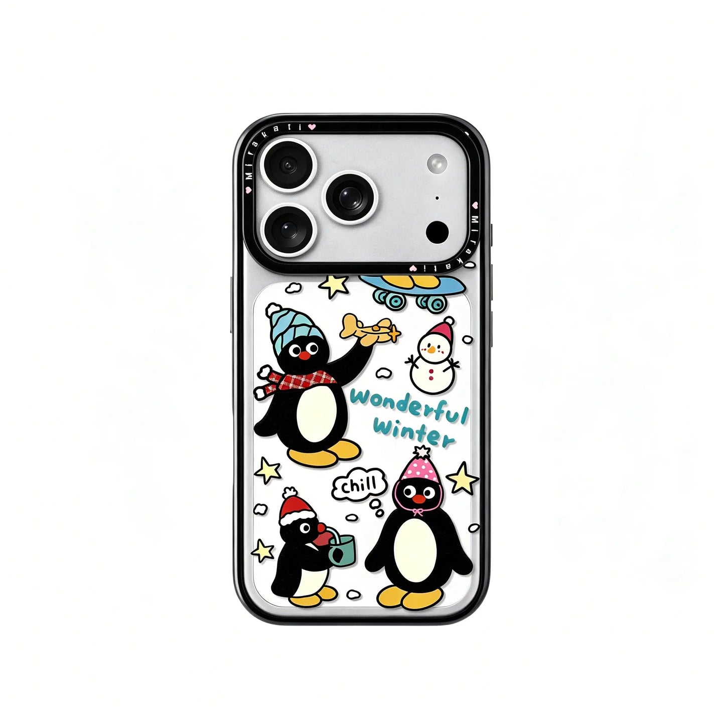 A clear iPhone case from CasePoppi featuring cute penguin characters wearing scarves and beanies with a snowman and "Wonderful Winter" text.