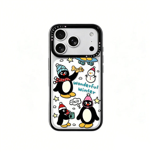 A clear iPhone case from CasePoppi featuring cute penguin characters wearing scarves and beanies with a snowman and "Wonderful Winter" text.