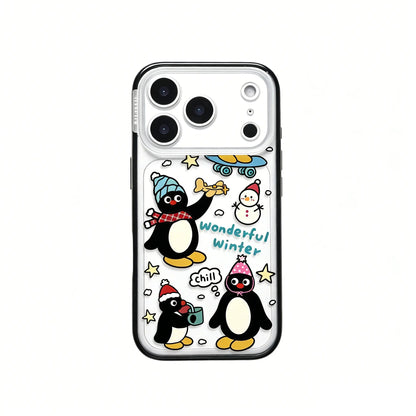 Frontal view of the CasePoppi Wonderful Winter Pingu Journal phone case in its premium brand retail packaging.