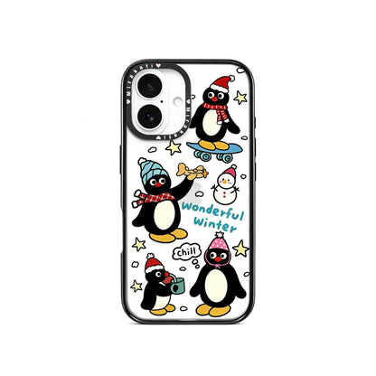 Full back view of the CasePoppi Wonderful Winter Pingu Journal phone case showcasing the complete artistic winter collage.