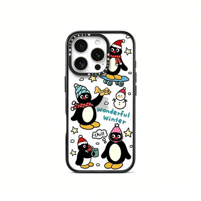 Side view of the CasePoppi Wonderful Winter Pingu Journal phone case inside its official retail box with hanging tag.