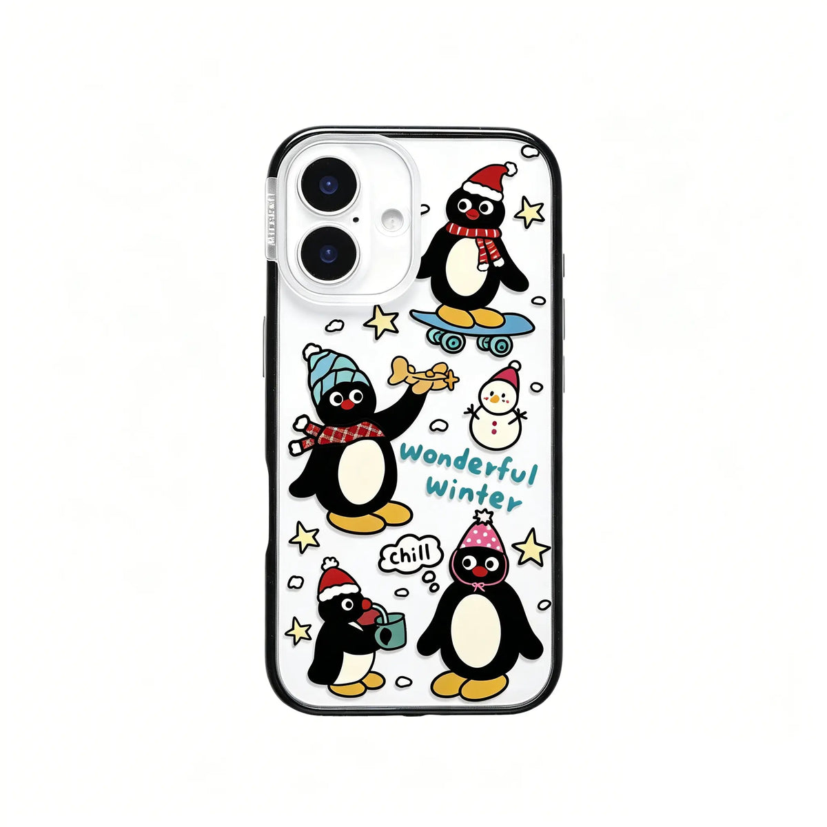 CasePoppi aesthetic phone case featuring a charming winter scene with cartoon penguins skiing and skating in the snow.