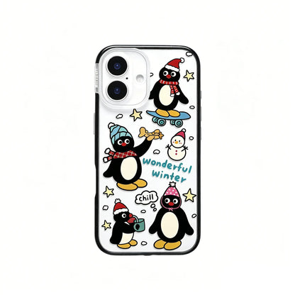 CasePoppi aesthetic phone case featuring a charming winter scene with cartoon penguins skiing and skating in the snow.