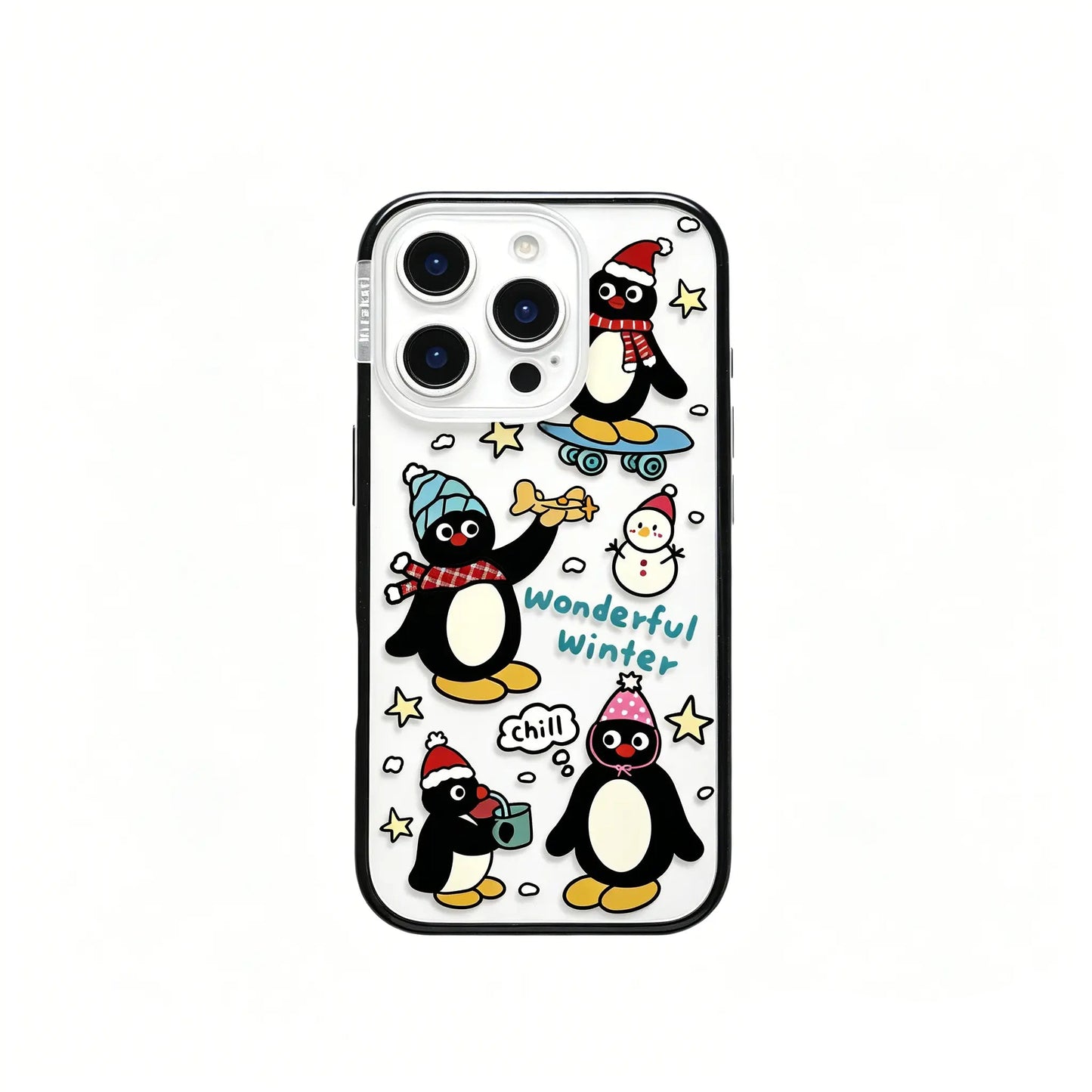 Side angle view of the CasePoppi Wonderful Winter Pingu Journal phone case showing its protective edges and slim design.