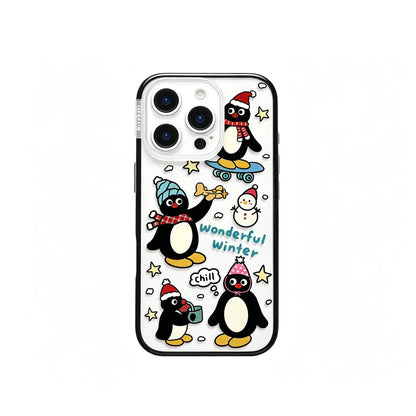 Side angle view of the CasePoppi Wonderful Winter Pingu Journal phone case showing its protective edges and slim design.