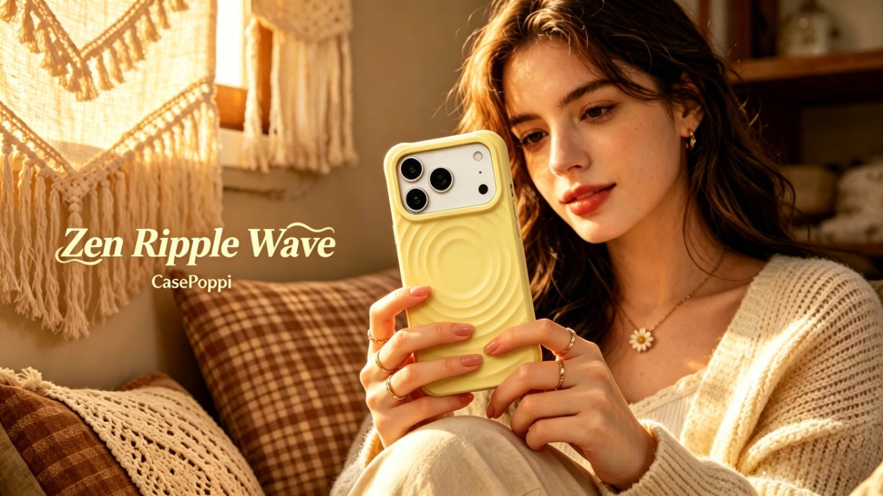 CasePoppi Zen Ripple Wave collection banner featuring minimalist 3D textured phone cases in various neutral colors.