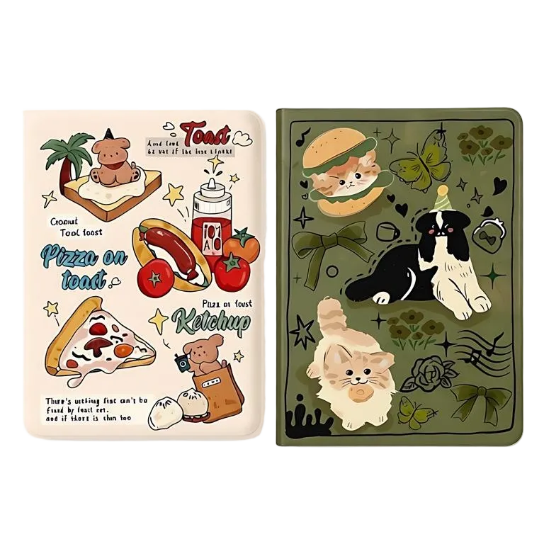 CasePoppi Whimsical iPad Case Duo, showing both the Olive Green Pet Party and Cream Food Doodle variations with their unique retro aesthetic designs.