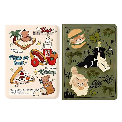 CasePoppi Whimsical iPad Case Duo, showing both the Olive Green Pet Party and Cream Food Doodle variations with their unique retro aesthetic designs.