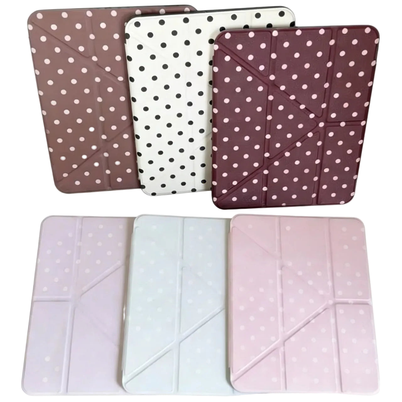 CasePoppi Polka Dot iPad Case Collection, showcasing multiple color variations including Burgundy, Blue, Pink, and Brown.