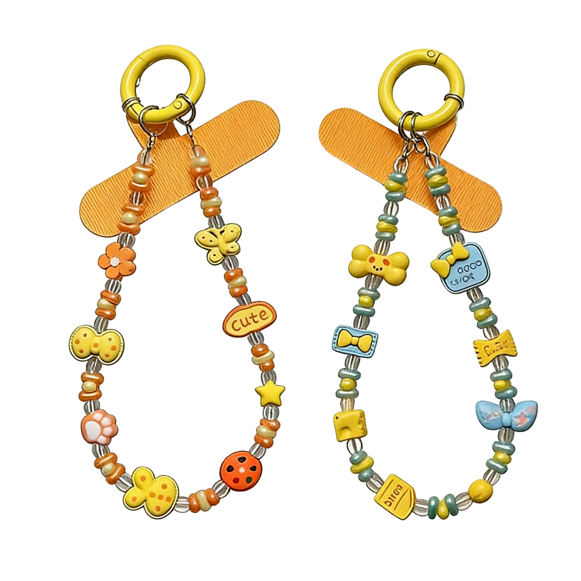 CasePoppi Whimsical Beaded Phone Charm collection, showing both Orange and Blue variations with assorted cartoon animal and motivational word charms.