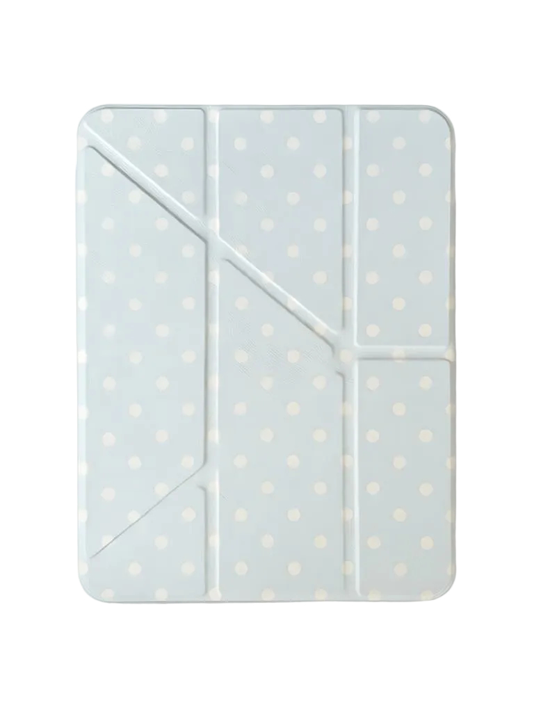 CasePoppi Dusty Blue Polka Dot iPad Cover, slim trifold protective case with soft pastel blue and white dot pattern.