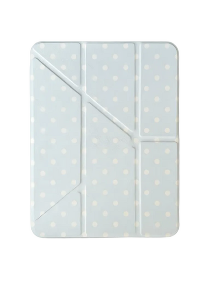 CasePoppi Dusty Blue Polka Dot iPad Cover, slim trifold protective case with soft pastel blue and white dot pattern.