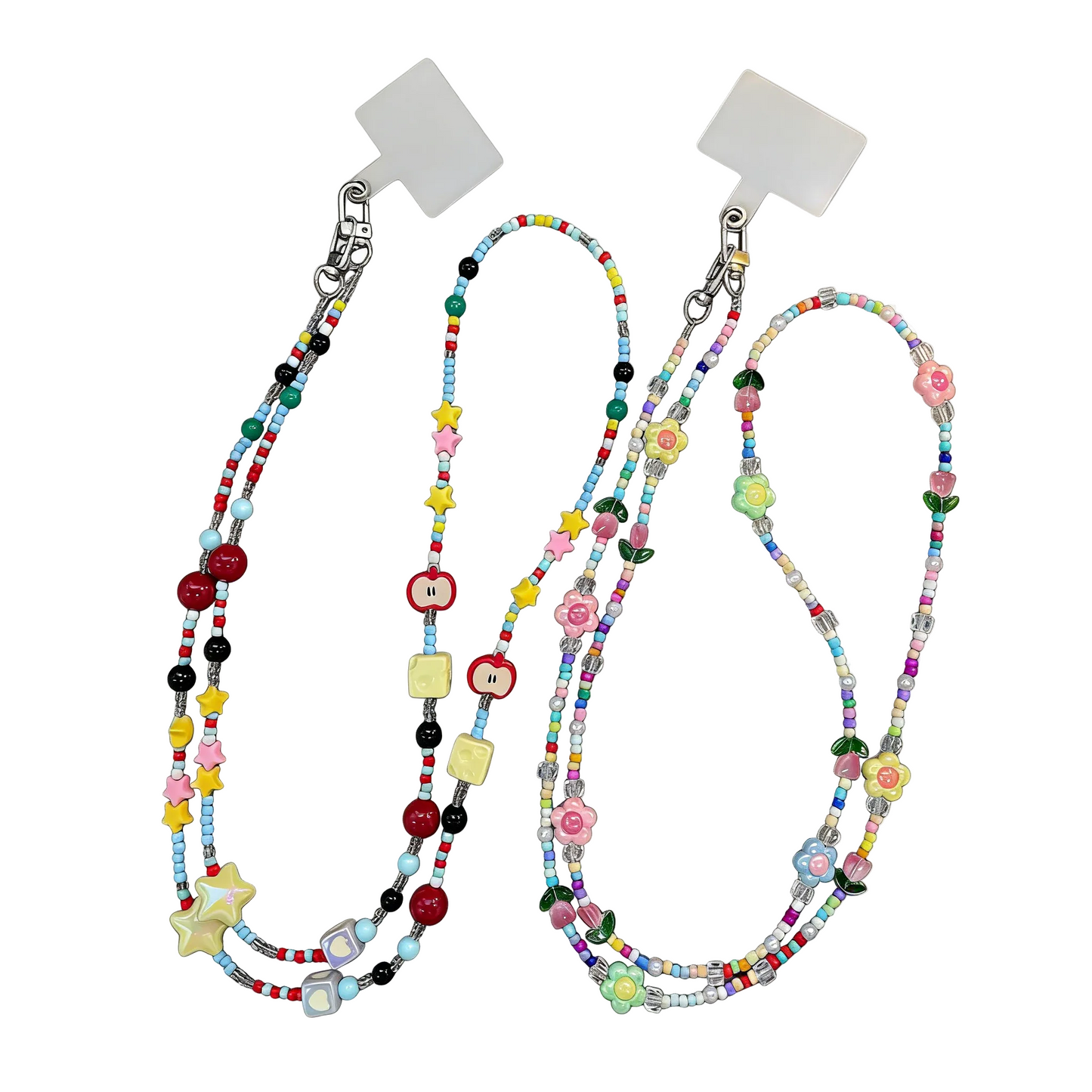 CasePoppi Long Beaded Phone Lanyard set, comparing the Vibrant Primary and Soft Pastel color variations with whimsical fruit and flower charms.