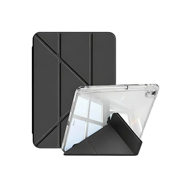 CasePoppi black origami Y-fold iPad case with a versatile magnetic stand for multiple viewing angles.