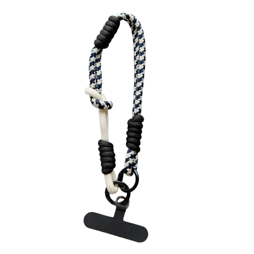 CasePoppi Minimalist Braided Cotton Rope Phone Lanyard, black and white houndstooth pattern cord with sleek black connector gasket.