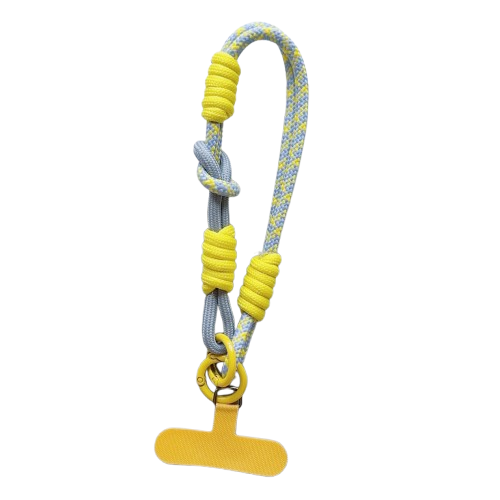 CasePoppi Playful Braided Cotton Rope Phone Lanyard, yellow patterned cord with bright yellow connector gasket, colorful tech accessory.