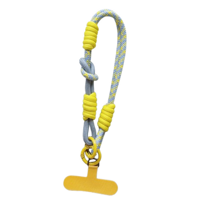 CasePoppi Playful Braided Cotton Rope Phone Lanyard, yellow patterned cord with bright yellow connector gasket, colorful tech accessory.