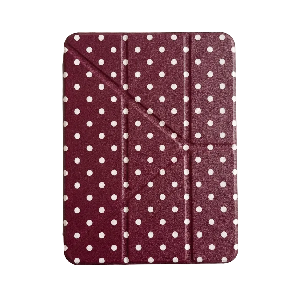 CasePoppi Burgundy Red Polka Dot iPad Case, origami folding stand cover with white aesthetic dots, vintage chic style.