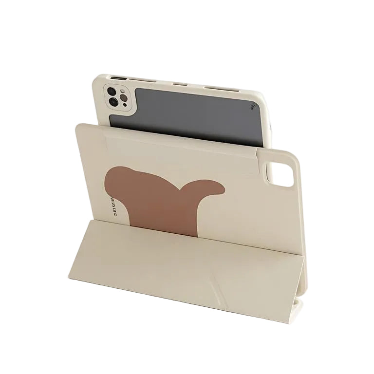 Interior and back view of CasePoppi Puppy iPad Case, highlighting the soft lining, pencil holder slot, and clear back shell.