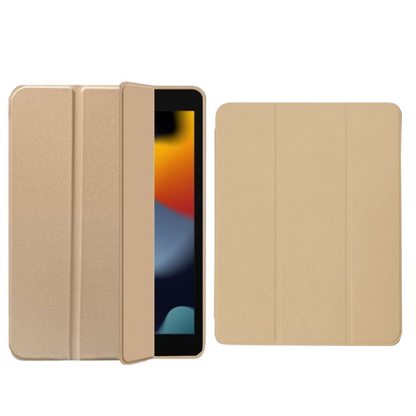 Luxurious CasePoppi champagne gold iPad folio case with pencil holder and trifold viewing stand.