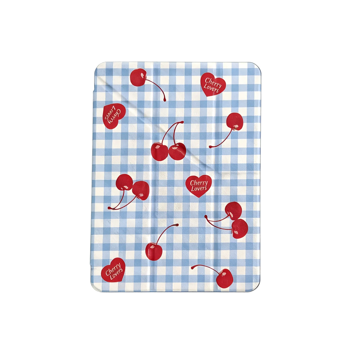 CasePoppi Blue Gingham iPad Case with Red Cherry Pattern, cute aesthetic trifold stand cover, front view.