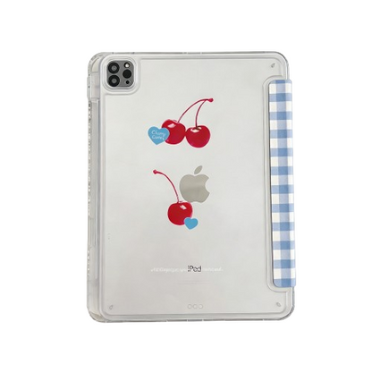 Back view of CasePoppi Cherry iPad Case, featuring a clear back shell with cherry illustration and blue gingham folding cover.