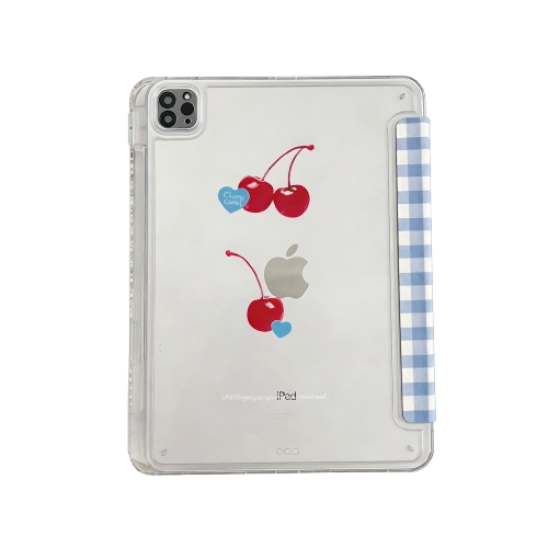 Back view of CasePoppi Cherry iPad Case, featuring a clear back shell with cherry illustration and blue gingham folding cover.