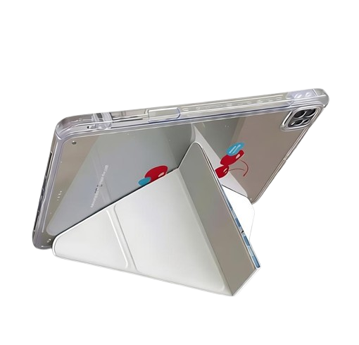 Side view of CasePoppi Gingham iPad Case, demonstrating the sturdy trifold stand function for viewing and typing angles.
