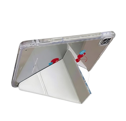 Side view of CasePoppi Gingham iPad Case, demonstrating the sturdy trifold stand function for viewing and typing angles.