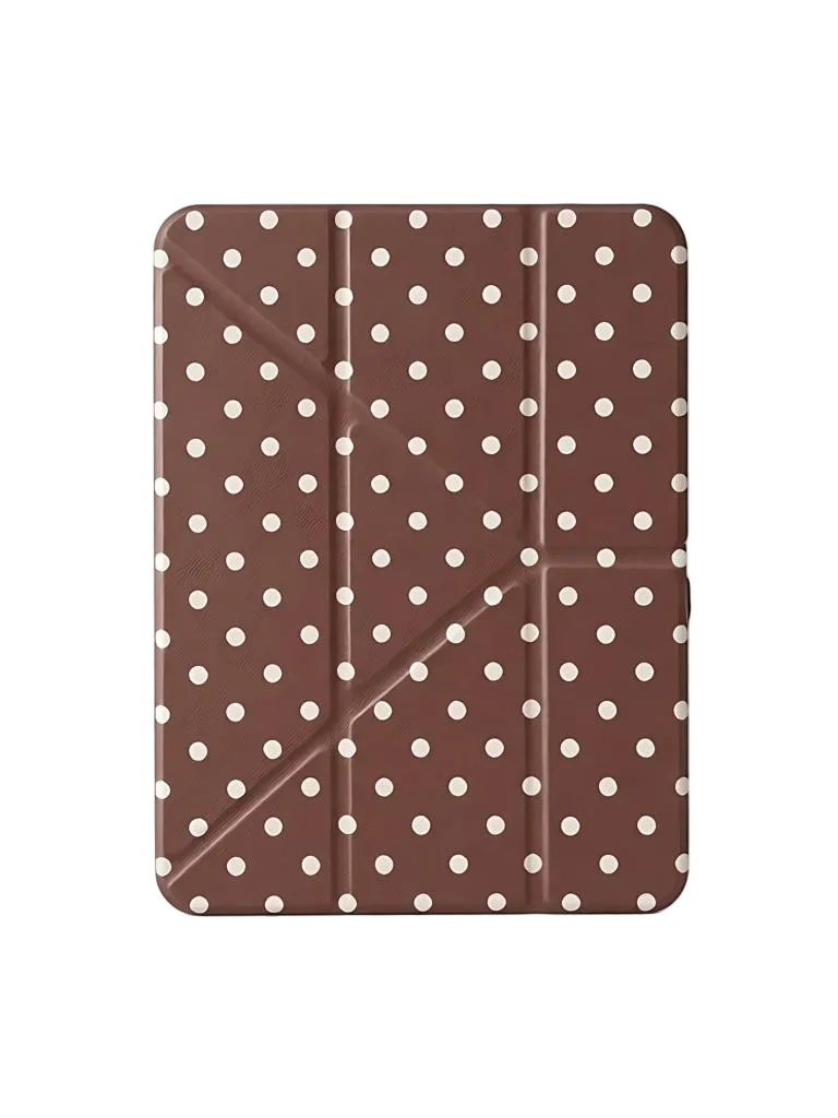 CasePoppi Cocoa Brown Polka Dot iPad Case, minimalist chocolate brown protective folio with retro white polka dots.