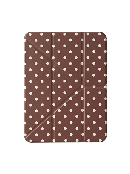 CasePoppi Cocoa Brown Polka Dot iPad Case, minimalist chocolate brown protective folio with retro white polka dots.