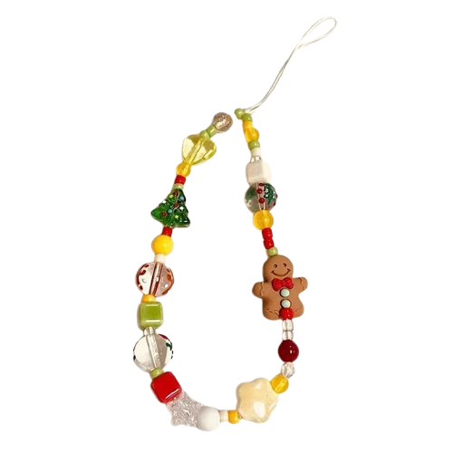 CasePoppi Christmas Holiday Beaded Phone Charm, featuring a cute gingerbread man, green Christmas tree, snowman, and star-shaped beads, festive Y2K style.