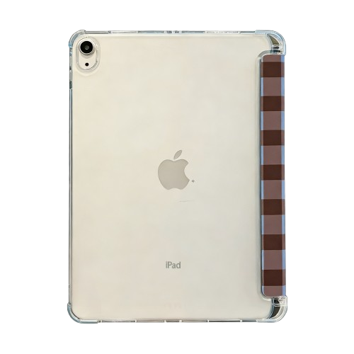 Back view of CasePoppi Gingham iPad Case, showing the precise camera cutout and clear hard back shell to reveal iPad color.