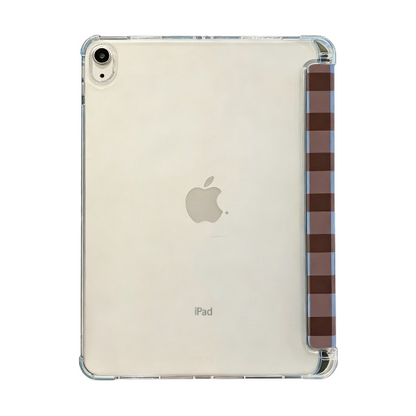 Back view of CasePoppi Gingham iPad Case, showing the precise camera cutout and clear hard back shell to reveal iPad color.