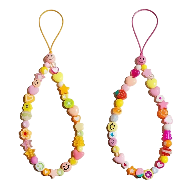 CasePoppi Beaded Phone Charm Duo, showing both Pink and Yellow cord variations with multi-color whimsical charms for personalized tech decoration.