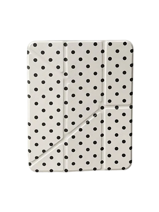 CasePoppi Classic White and Black Polka Dot iPad Case, monochrome aesthetic trifold stand cover for daily protection.