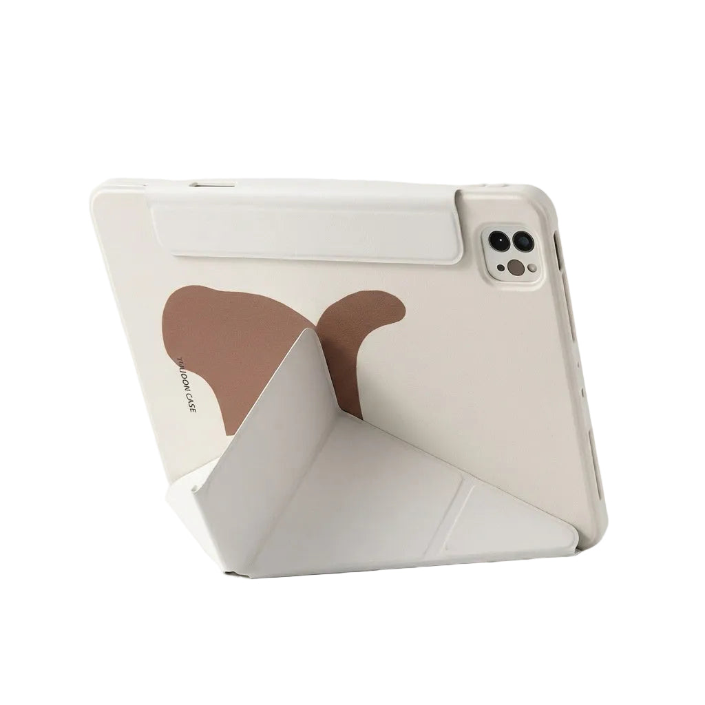 Side profile of CasePoppi Puppy iPad Case, demonstrating the sturdy Y-shaped folding stand function for adjustable viewing angles.